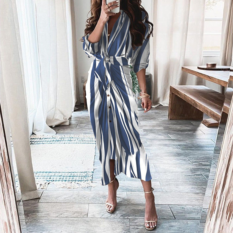 Robe chemise à manches longues et à lacets, imprimé européen et américain, à simple boutonnage
