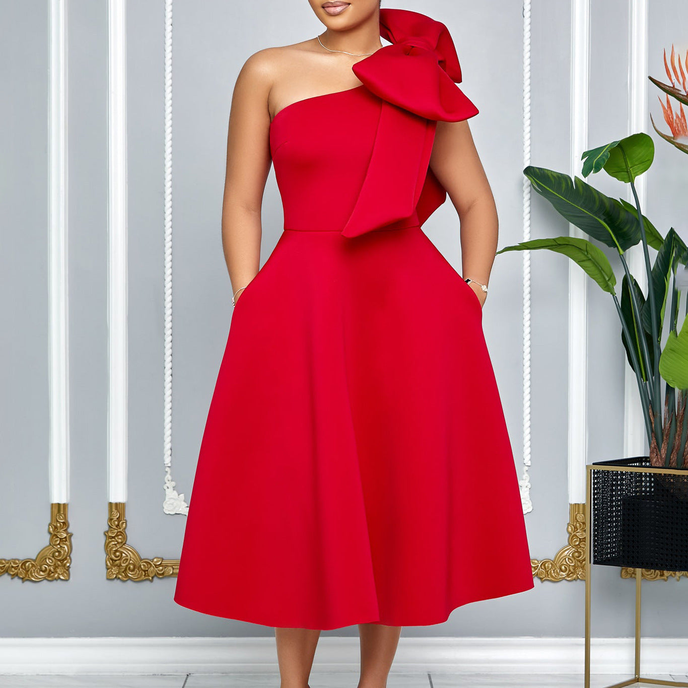 Nouvelle robe de soirée à la mode avec nœud oblique et épaules dénudées, grande robe trapèze africaine