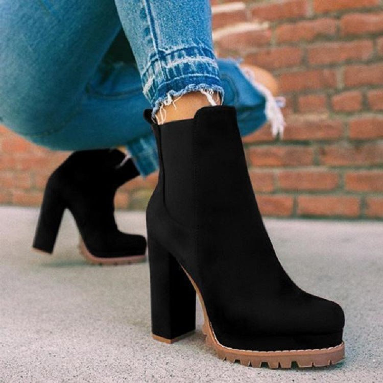 Botas de tobillo de punta redonda con estampado de leopardo liso, zapatos de tacón alto cuadrado grueso para mujer, botas de fiesta de vestir de gamuza de moda informal para otoño e invierno
