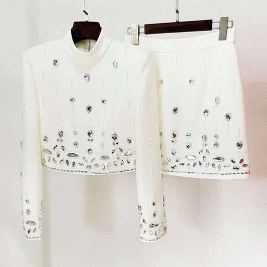 Ensemble deux pièces robe mi-longue courte incrustée de diamants et de perles de l'industrie lourde