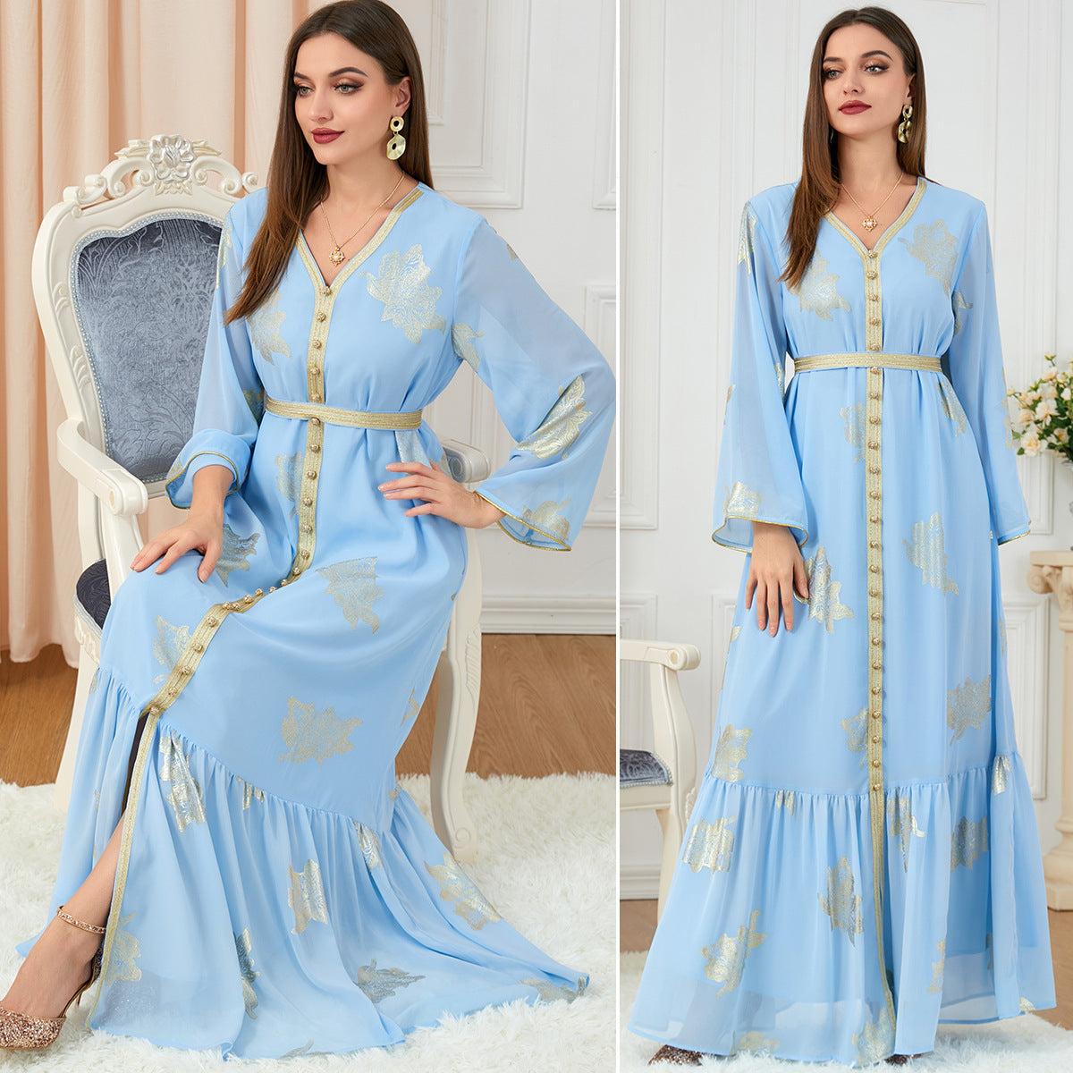 Vestidos casuales de manga larga con estampado dorado para mujer