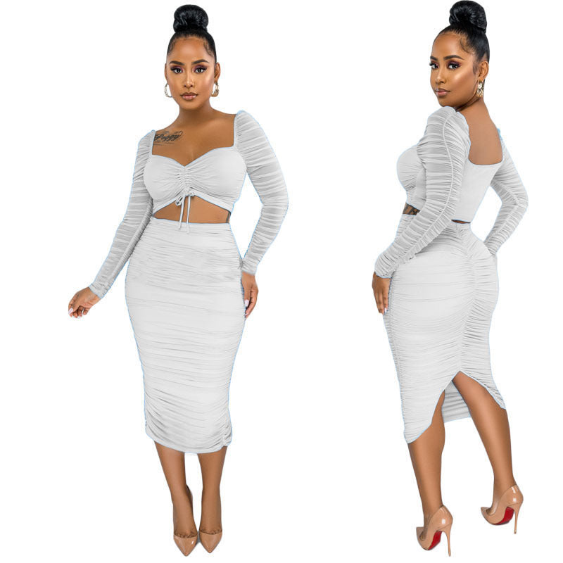 Sexy Drawstring Mesh Skirt Two-piece Suit