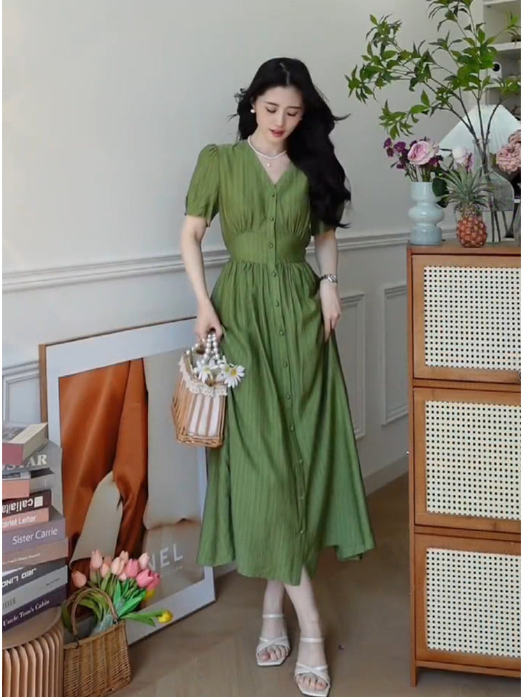 Women's Style Waist Wrapped V-Neck Green Dress