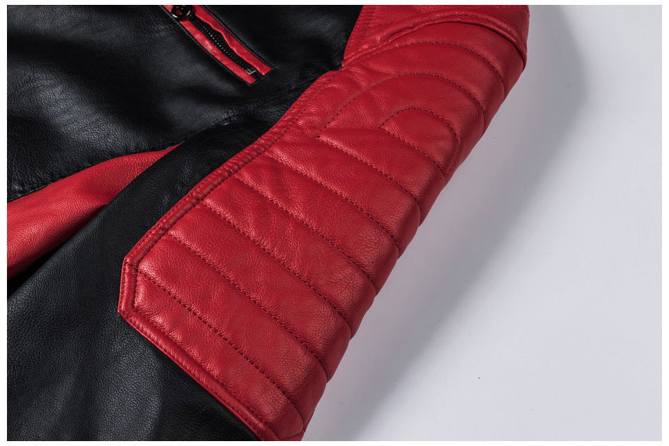 Veste en cuir à coutures de moto pour homme, col montant, style rétro
