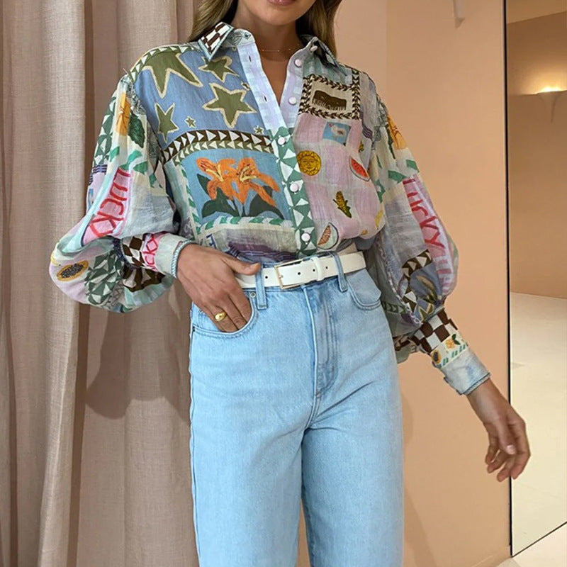 Nouveau haut décontracté élégant à manches longues et revers imprimé peint