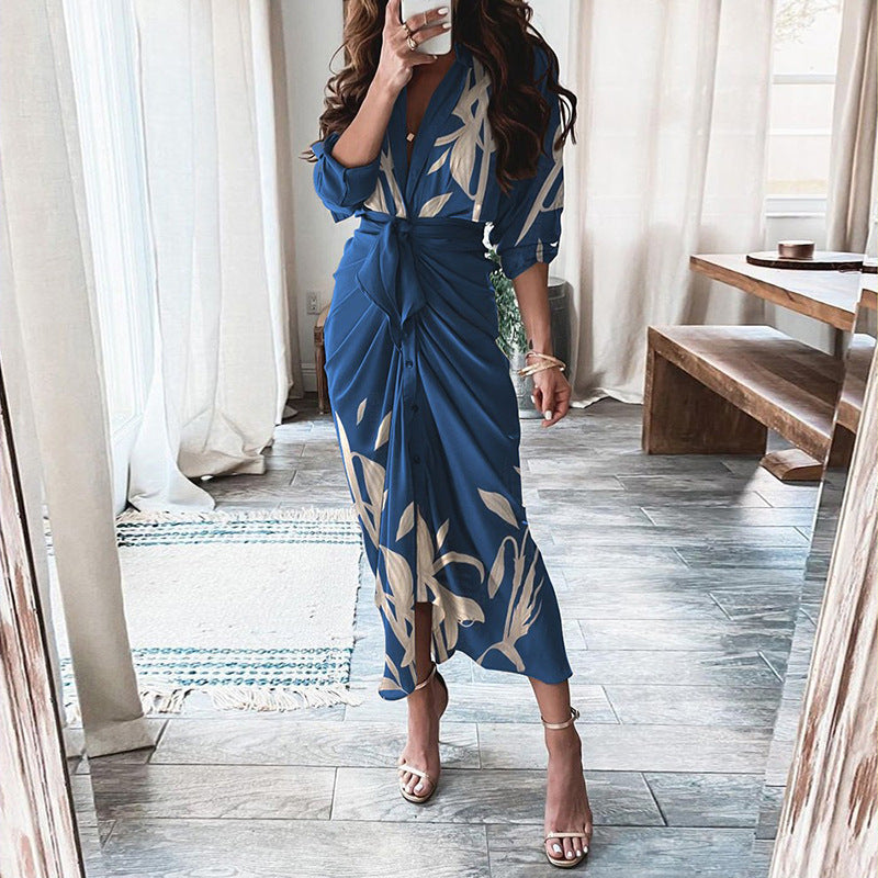 Robe chemise à manches longues et à lacets, imprimé européen et américain, à simple boutonnage