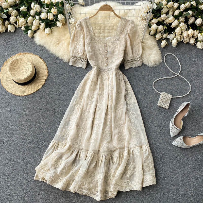 Women's Vintage Lace Square Neck Slim Fit Mid Length Ruffle Dress
