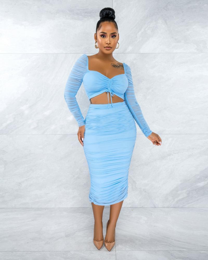 Sexy Drawstring Mesh Skirt Two-piece Suit