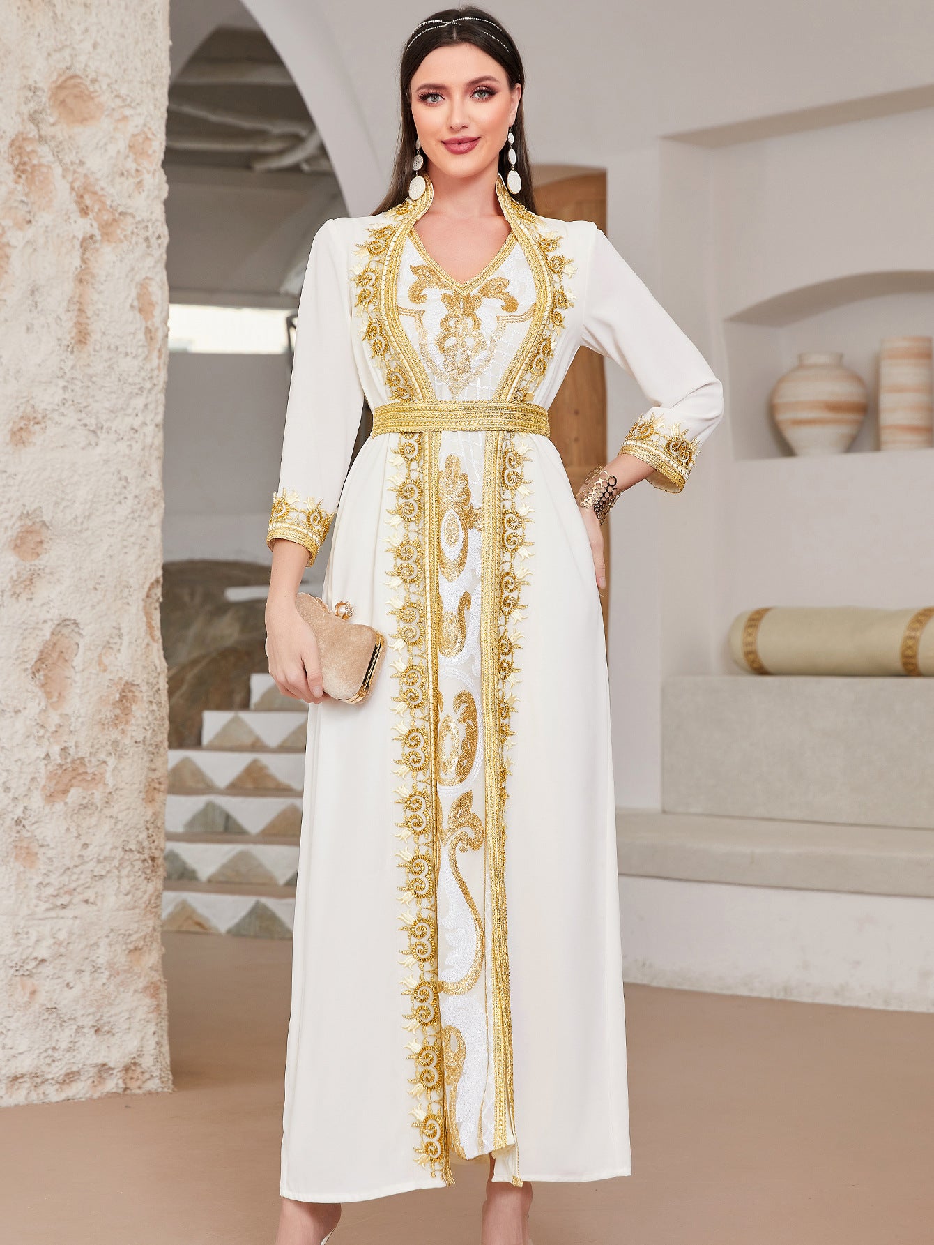 Gold Lace Sequined Embroidered Pearl Embroidery Dress