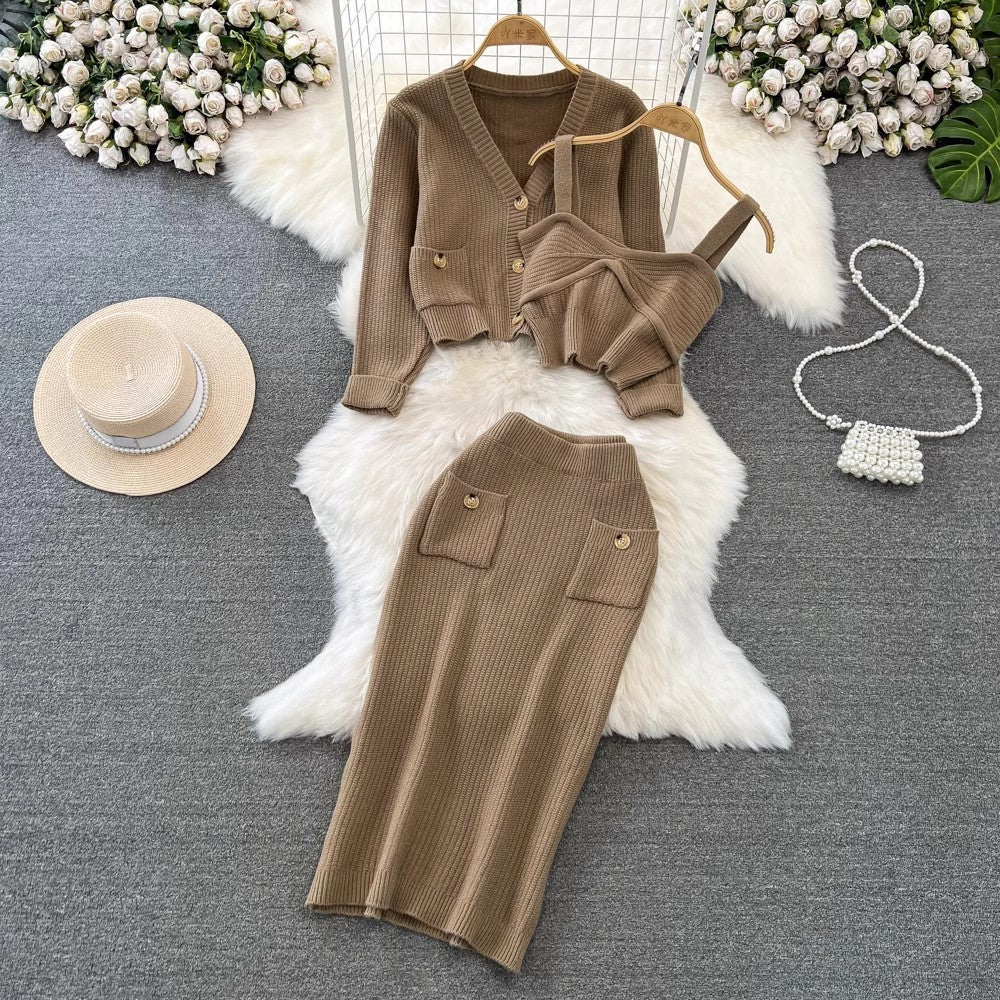 High Waist Slimming Knitted Sweater Cardigan Coat Three-piece Set