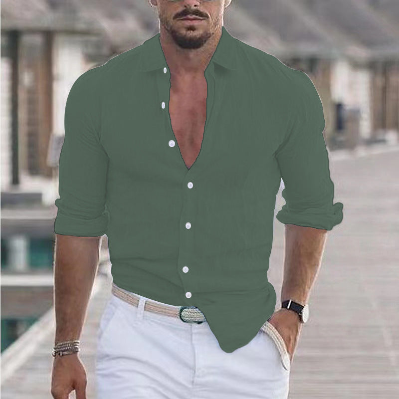 Camisa de lino para hombre Camisa con botones Camisa playera de color liso