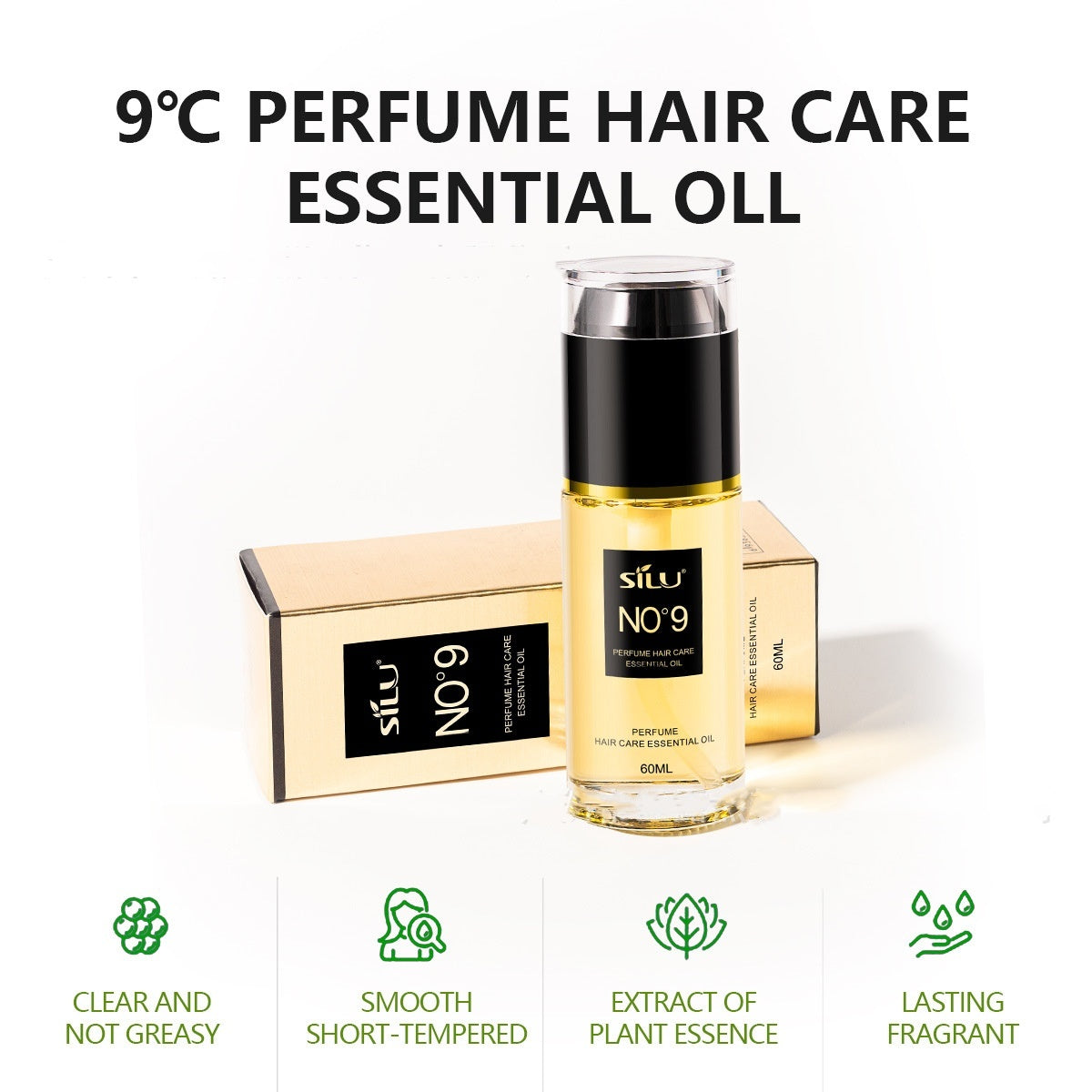 Aceite esencial para el cuidado del cabello Nine Degrees Anti-frizz Reparación suave Cabello seco y rizado