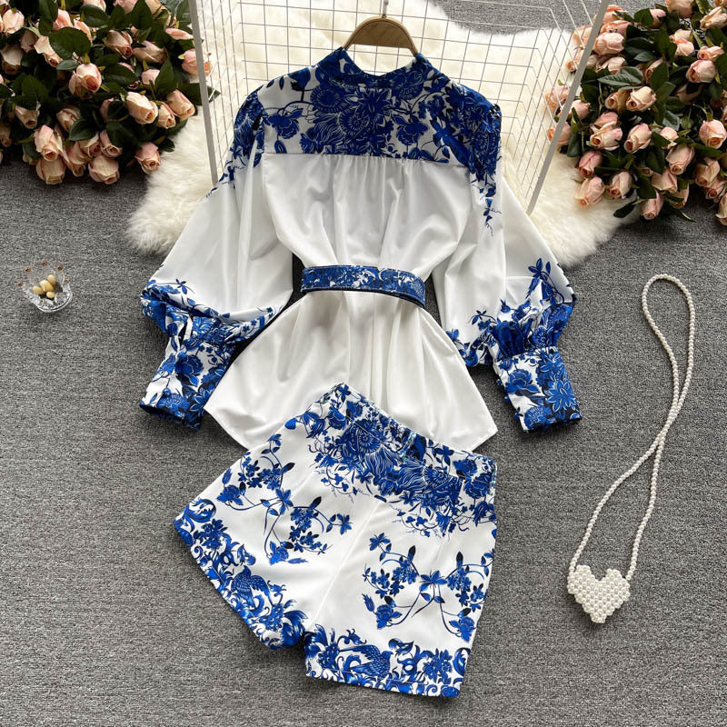 Women's Vintage Blue And White Porcelain Print Shirt Versatile Wide Leg Shorts