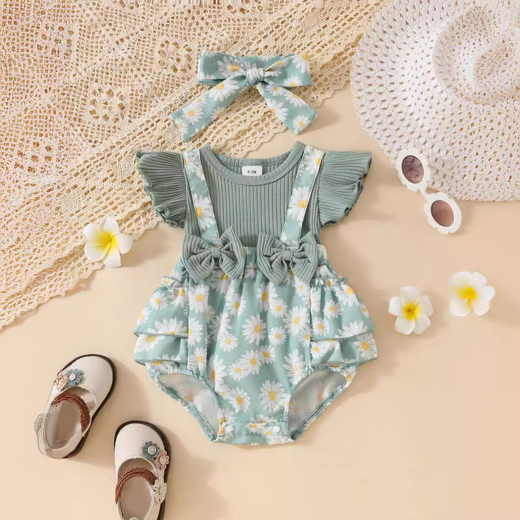 Candy Color Flower Print Pleated Cake Jumpsuit