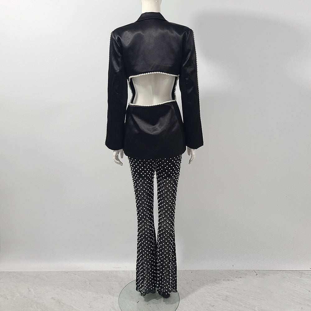 Suit Pearl Sequin Gauze Trousers Suit Dress Two Pieces