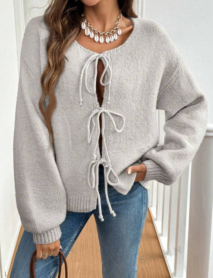 Women's Casual Loose Cardigan Lace-up Solid Color Sweater