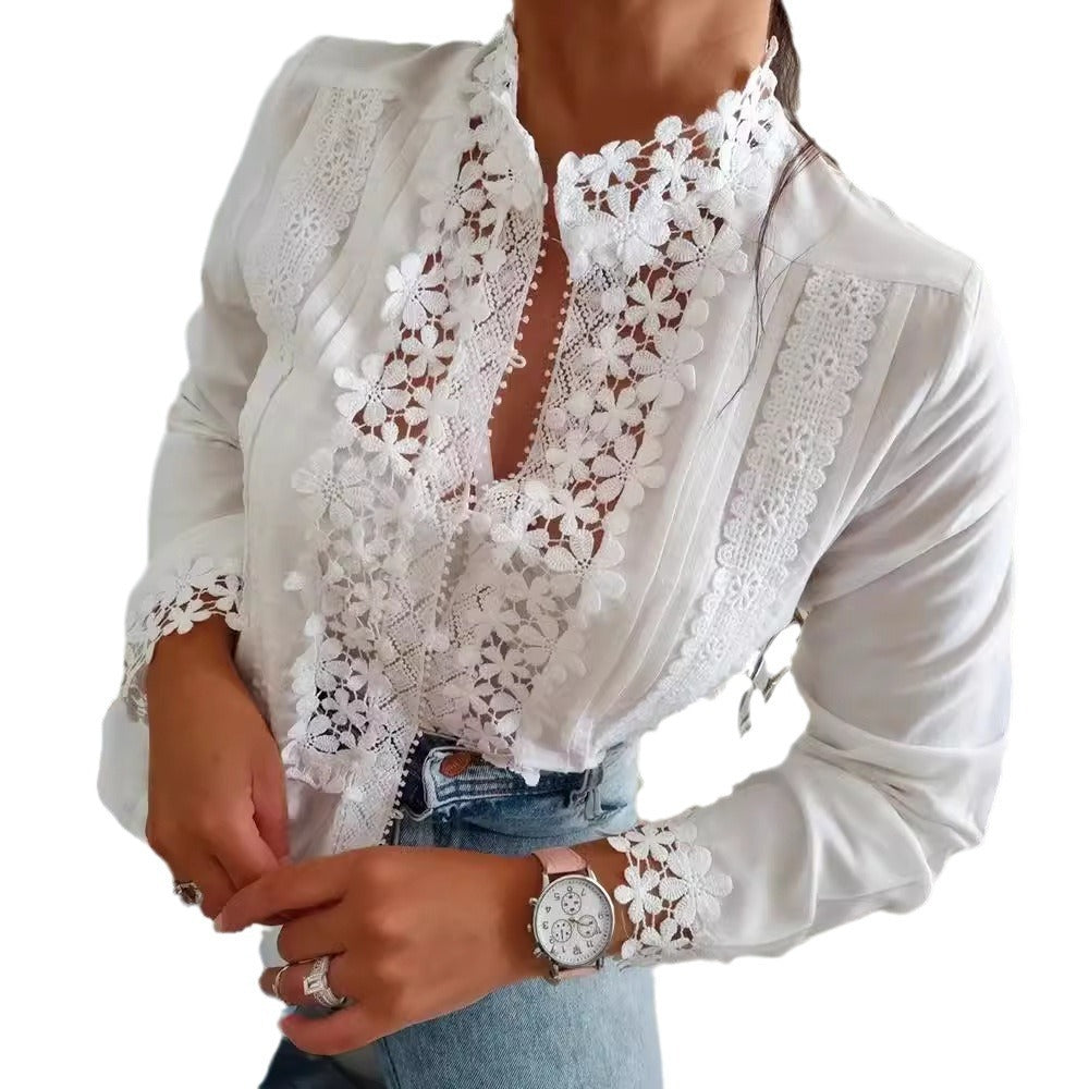 Camisa de manga larga con encaje floral blanco para mujer