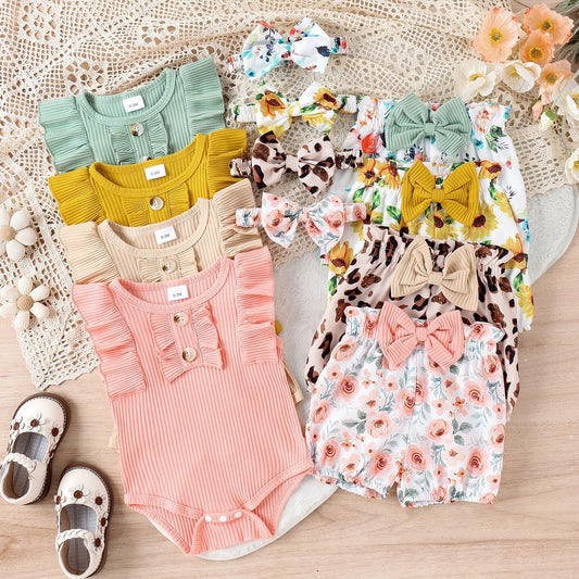 Women's Fashion Sleeveless One-piece Romper Floral Shorts Headscarf Three-piece Suit