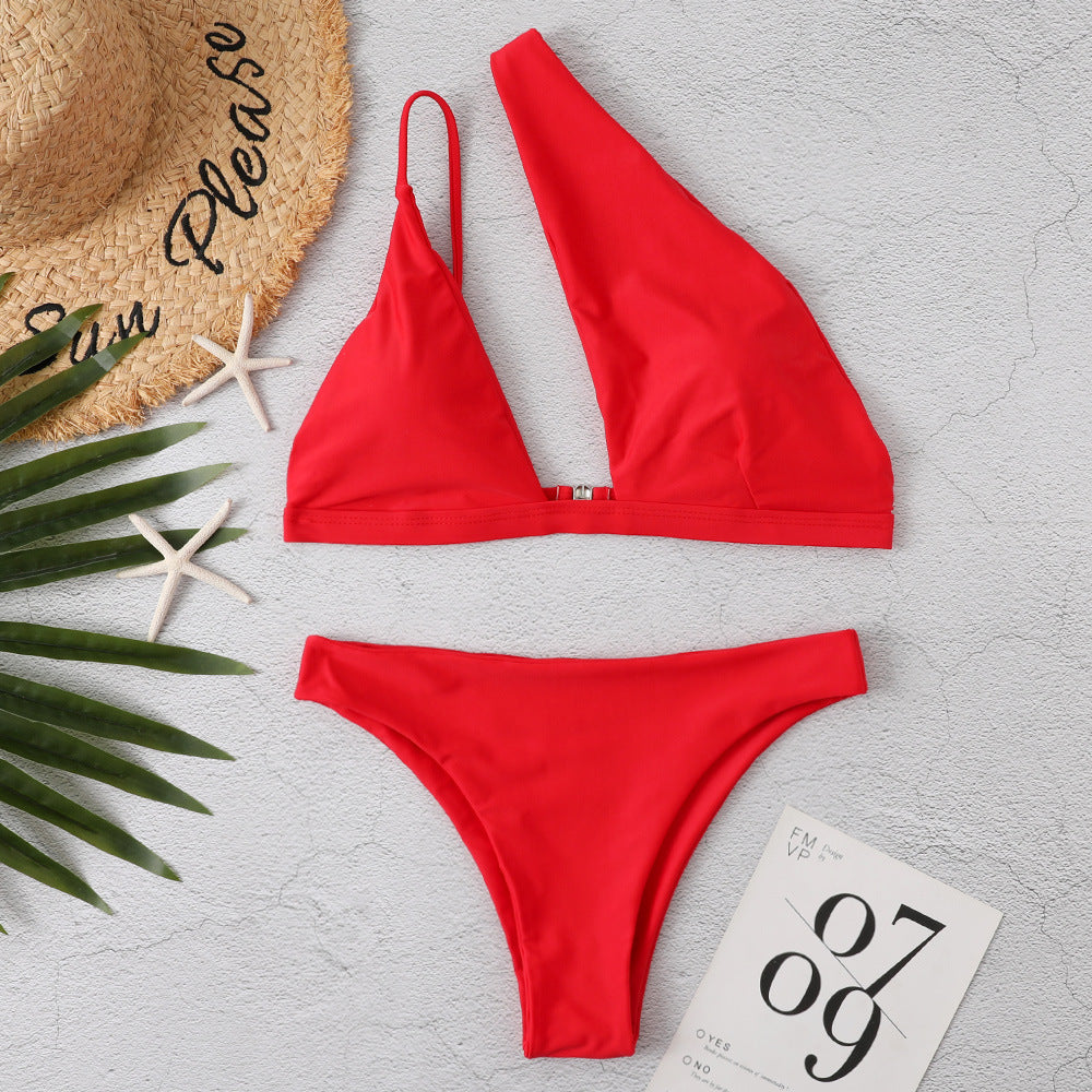 Solid Color One Shoulder Sexy Bikini Swimsuit