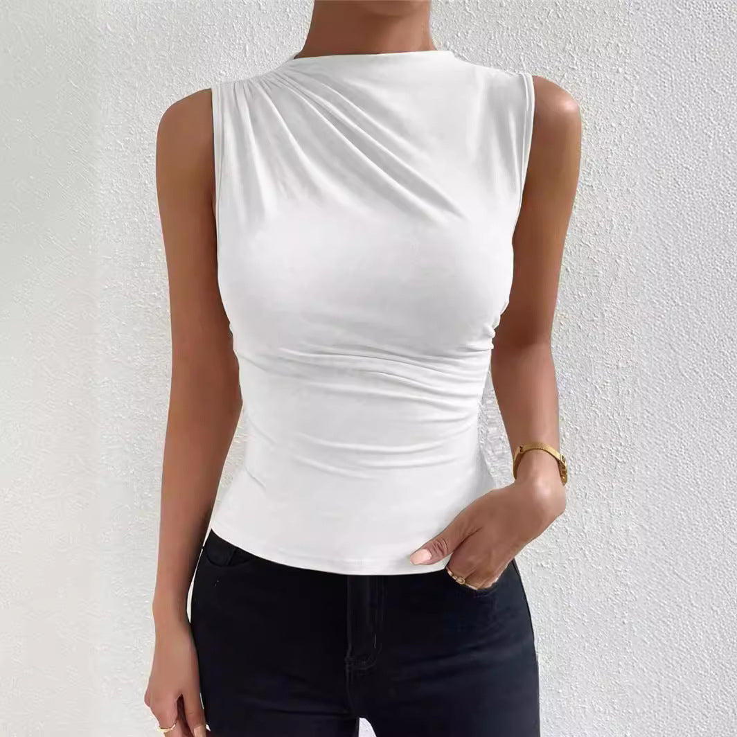 Camiseta de cuello alto sin mangas plisada de color sólido que combina con todo de moda