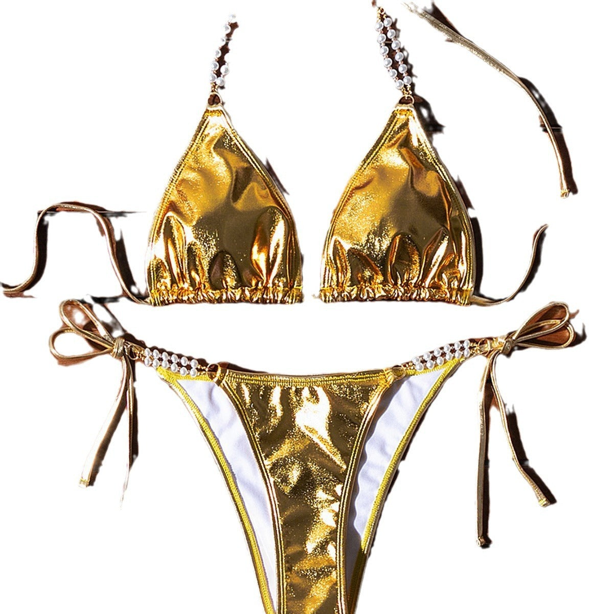 Bañador bikini con cordones y halter bronceador con cadena de perlas