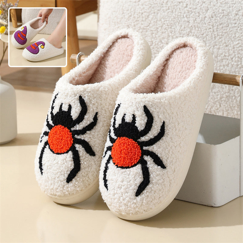 Pantuflas de Halloween con forma de araña y sombrero de bruja, antideslizantes, para el hogar, para el dormitorio, para el invierno, cálidas, para mujeres y hombres