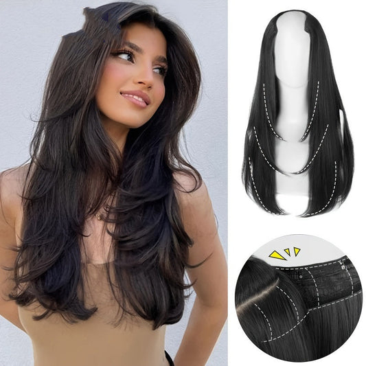 V-shaped Layered Mid-length Hair Inner Buckle Natural One-piece Seamless Invisible Wig Set