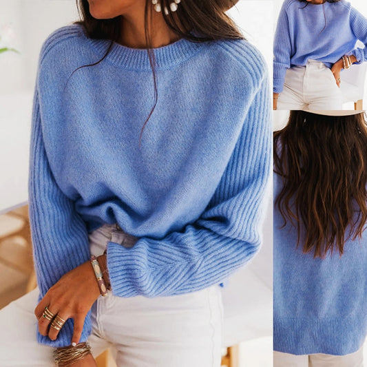 Pull en velours côtelé Bedford bleu lait européen pour femme, col rond, manches longues, tricot décontracté, vêtements d'extérieur tendance