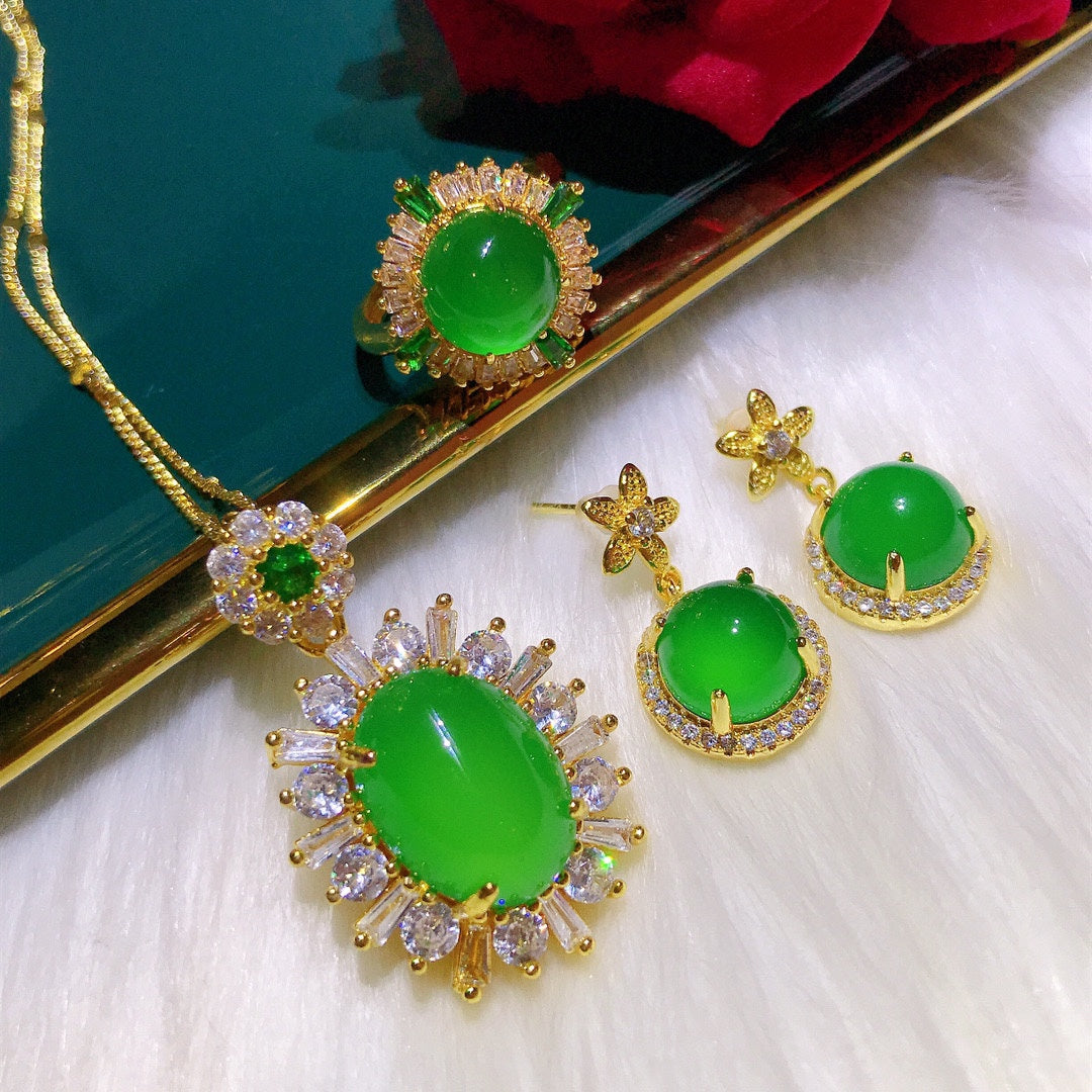 Luxury Craft Inlaid Natural Green Chalcedony Set