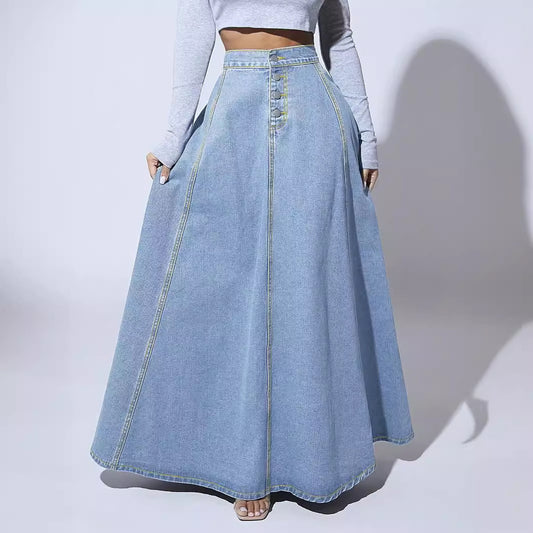 Retro Style Fashionable Large Swing Design Single-breasted Denim Skirt