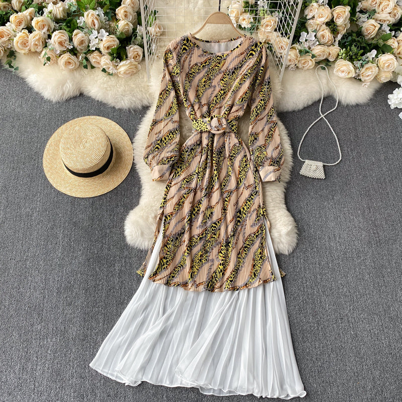 Pleated Stretch Slim Mid-length Contrast Color Stitching Chiffon Dress Female