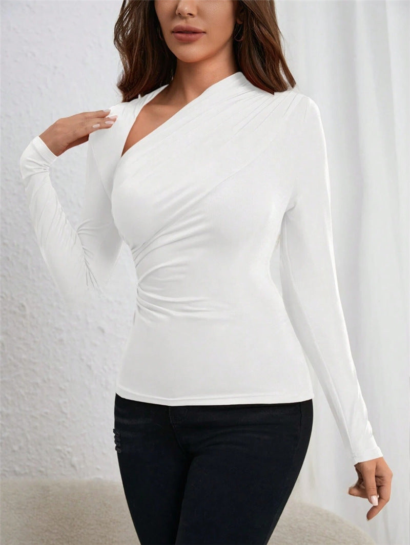 Asymmetric Neckline Pleated Side Long Sleeve T-shirt