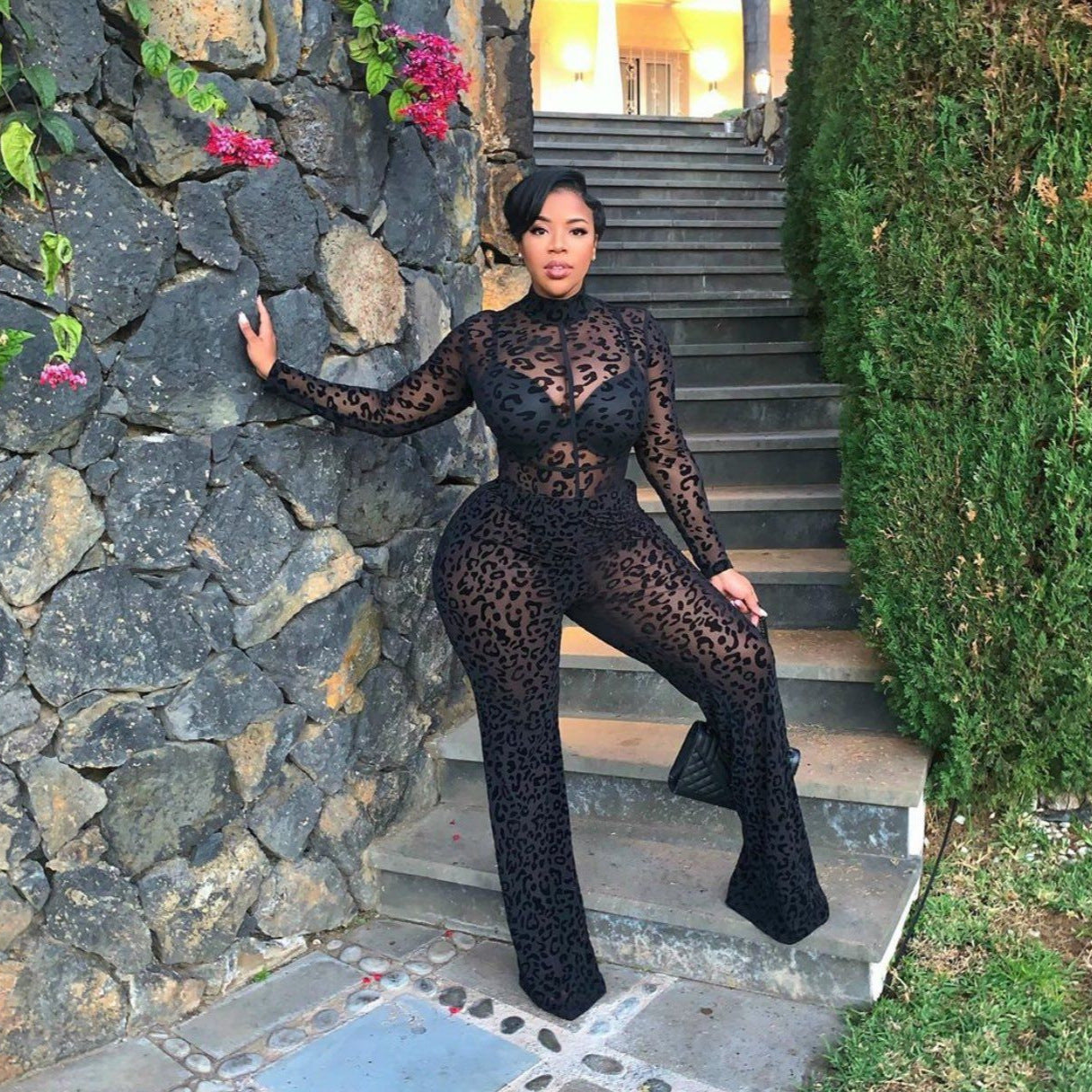 Fashion Sexy Mesh Long Sleeve Jumpsuit