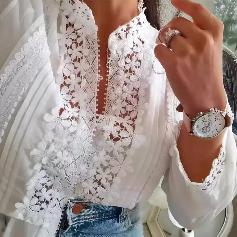 Camisa de manga larga con encaje floral blanco para mujer