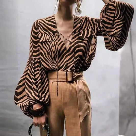 Women's Clothing Spring And Summer  Zebra Prints V-neck Lace-up Long Sleeve Shirt