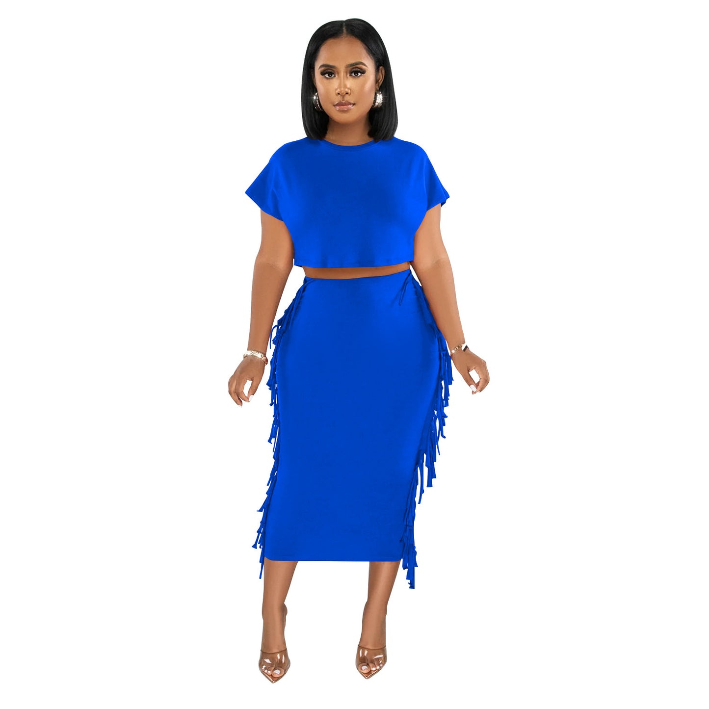 Women's Wear Solid Color Tassel Round Neck Short Sleeve Dress Two-piece Set