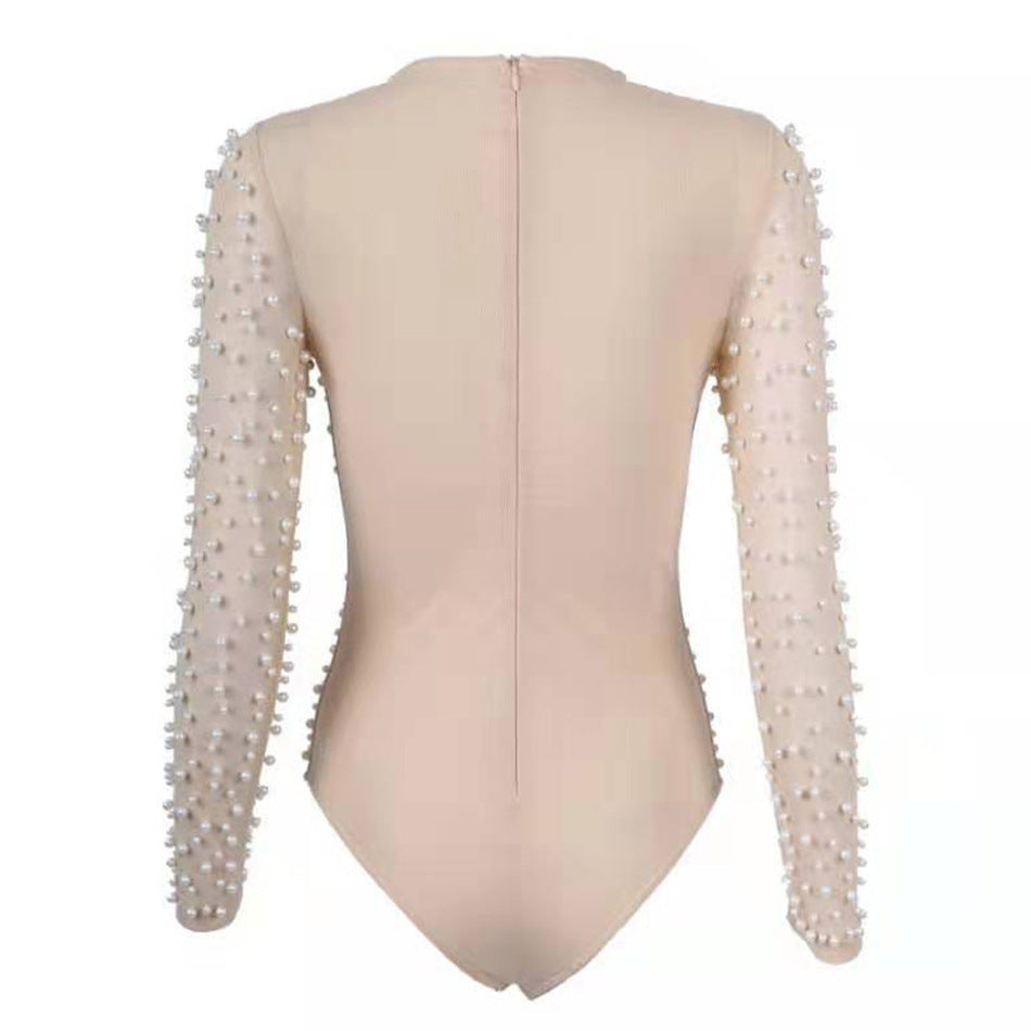 V-Neck Mesh Beaded Pearl Jumpsuit Women's Bodysuit