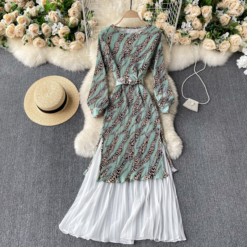 Pleated Stretch Slim Mid-length Contrast Color Stitching Chiffon Dress Female