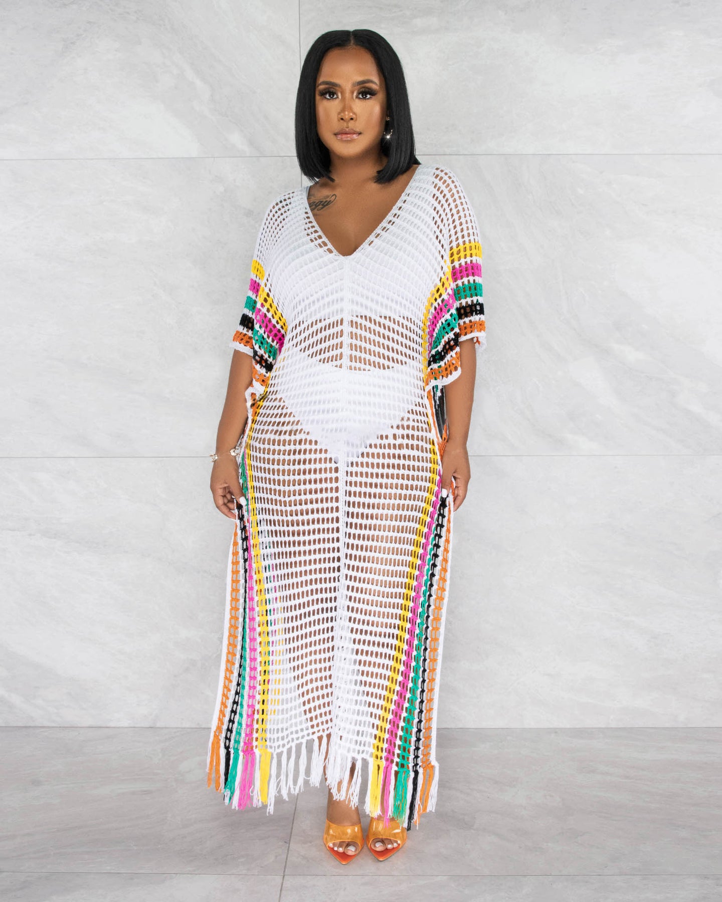 Vestido de playa a juego de colores con borlas de punto de ganchillo sexy para mujer