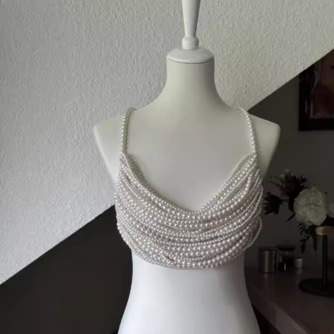 Multi-layer Pearl Handmade Stitching Fashionable Exquisite Halter Top Vest