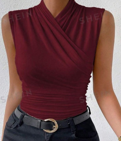 Women's Fashion Summer Solid Color Crisscross Pleated Sleeveless Tank Top