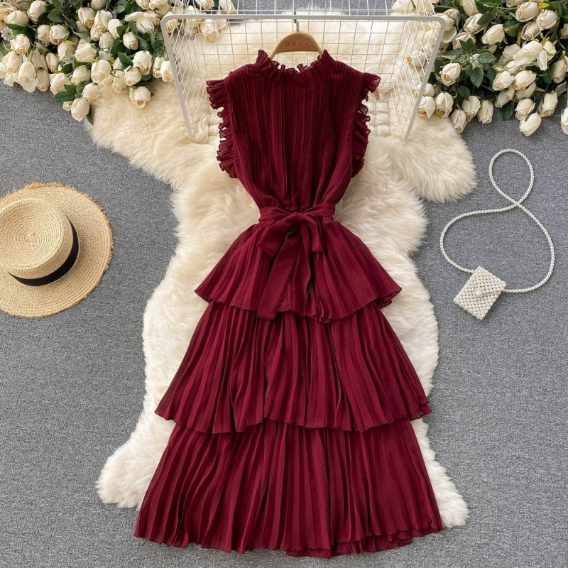 Pleated Wood Ear Collar Lace-up Thin Ruffle Dress