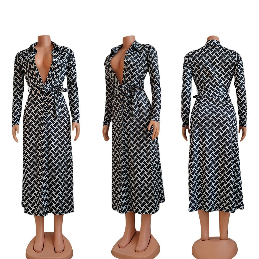 Printed Sexy Lapel Cardigan Dress Containing Belt