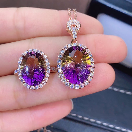 Amethyst Ring and Pendant Set With Millennium Cut Crystals