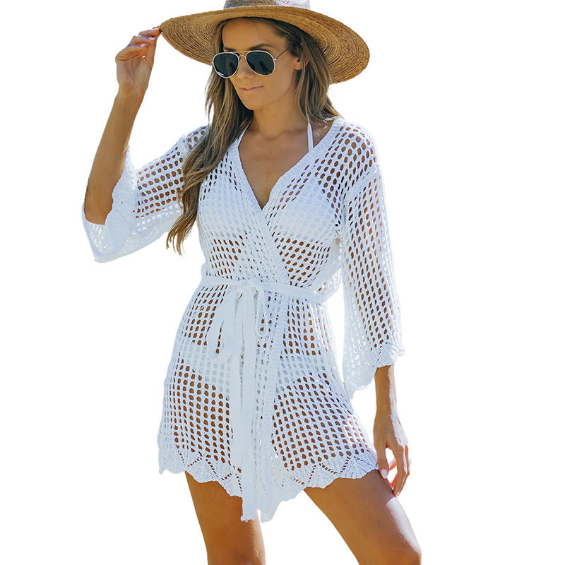 Blusa de playa con lazo recortado de crochet nuevo para mujer