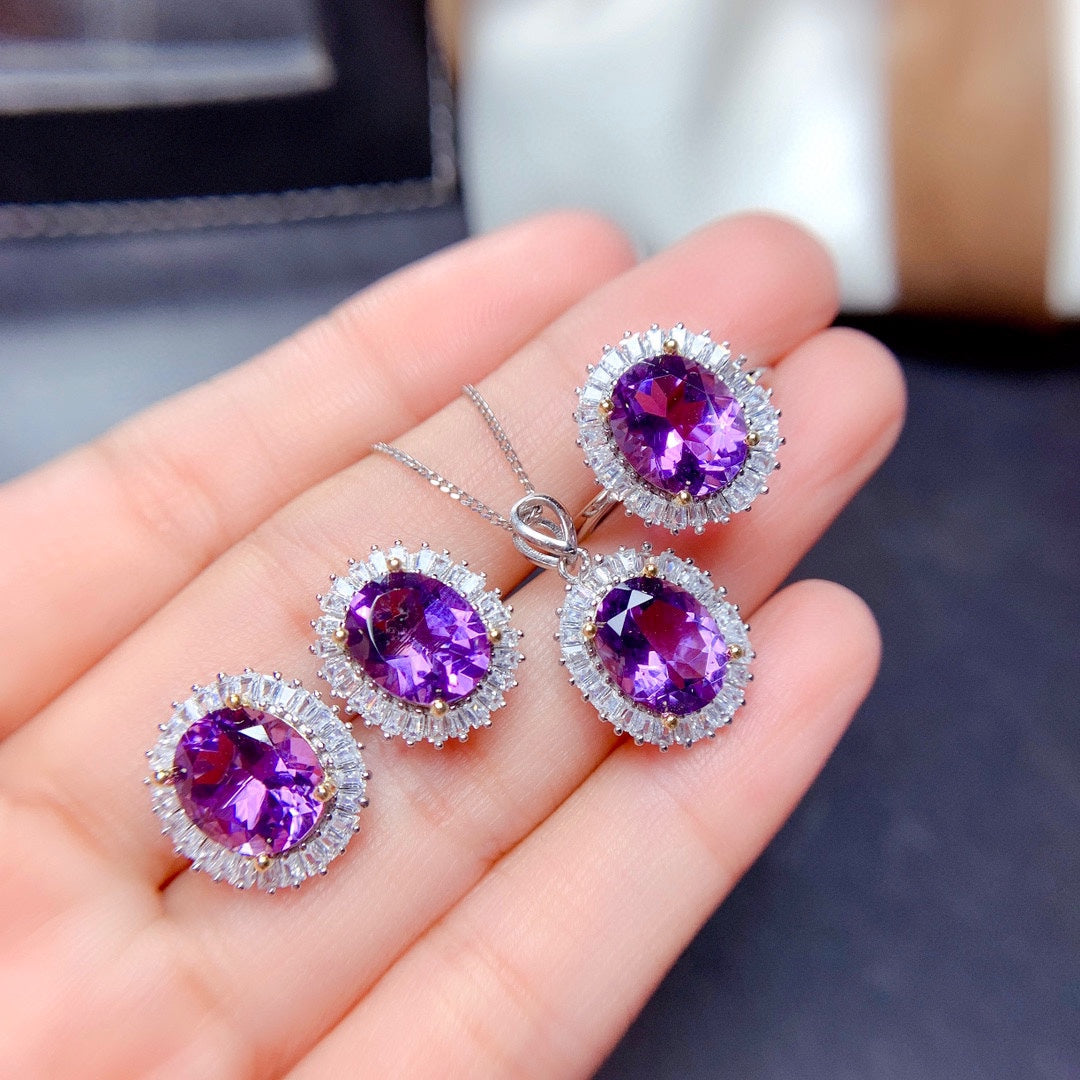 Natural Amethyst 925 silver Jewelry Set