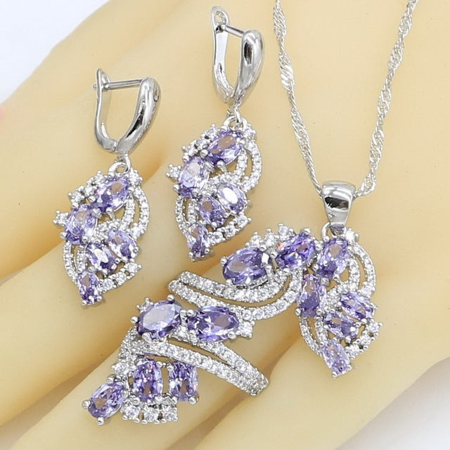 Ladies Wedding Amethyst Silver Jewelry Set