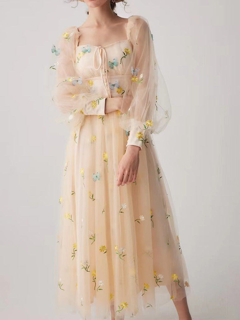 Vestido de malla con bordado floral y mariposas tridimensionales para mujer