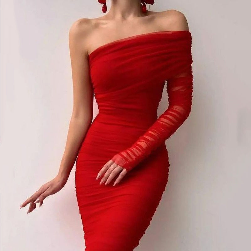 Diagonal Neckline Sexy Backless Dress