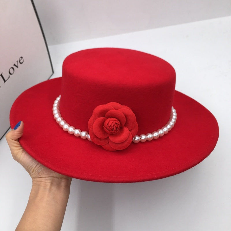 Red Wool Tweed Elegant Small Incense Pearl Flowers Flat Top Wide Brim Hat